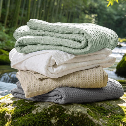 Cooling Waffle Blanket  – Lightweight Breathable Cotton Summer Blanket of Rayon Derived from Bamboo for Hot Sleepers, Soft Cozy Blankets with Ideal Weight for Bed, White, 90"x90"