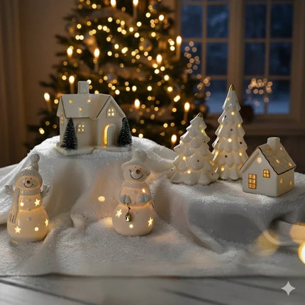 Ceramic Winter Village Decor Set with Ambient Glow | Handcrafted Holiday Centerpiece for Cozy Seasonal Atmosphere