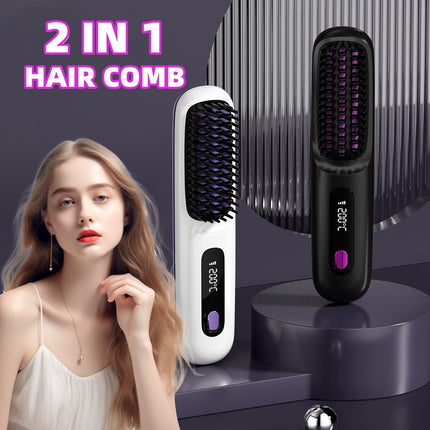 Wireless 2-in-1 Hair Straightener & Curler Brush with USB Charging | Effortless Styling for On-the-Go Use