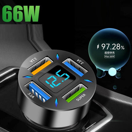 4-Port USB Car Charger with LED Display for Fast Charging | Universal Compatibility for Multiple Devices