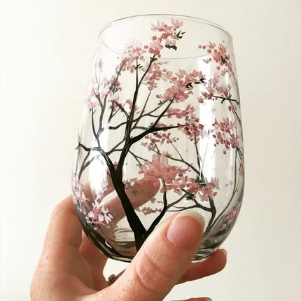 Hand Painted Wine Glasses, Stemless Wine Glasses and Stemmed Wine Glass with Four Seasons Tree Art – image 8