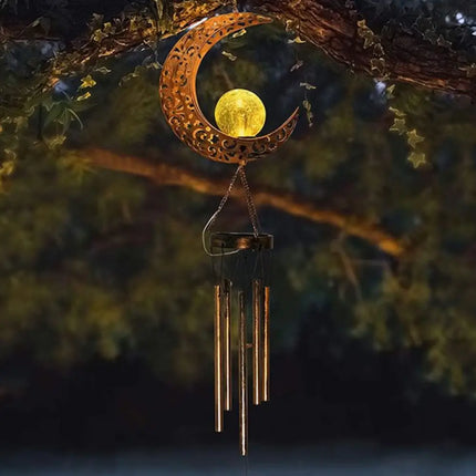 Solar Wind Chime with Luminous Crackled Glass Sphere | Automatic Dusk Sensor for Enchanting Outdoor Ambiance