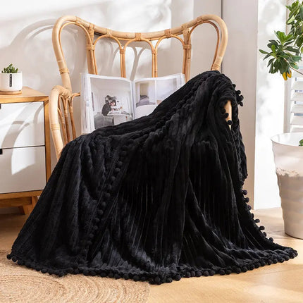 Flannel Throw Blanket with Pom Fringe, Striped Cozy Blanket for Bed and Sofa