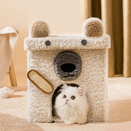 Composite Wood Pet Nest with Soft Teddy Velvet Cover | Semi-Enclosed Design for Comfort and Privacy