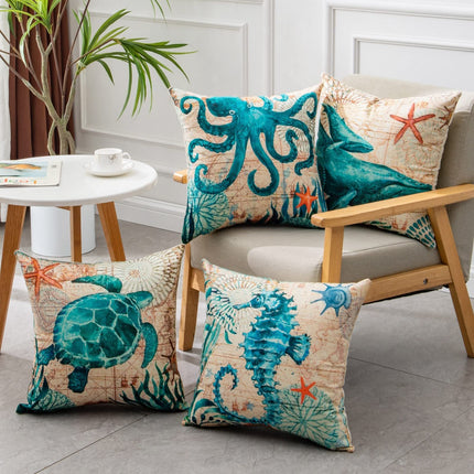 Marine Life Printed Cushion Cover with Invisible Zipper | Flax Material for Elegant Home Decor