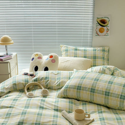 Cotton Bedding Set, Plaid Duvet Cover with Sheet and Pillowcases
