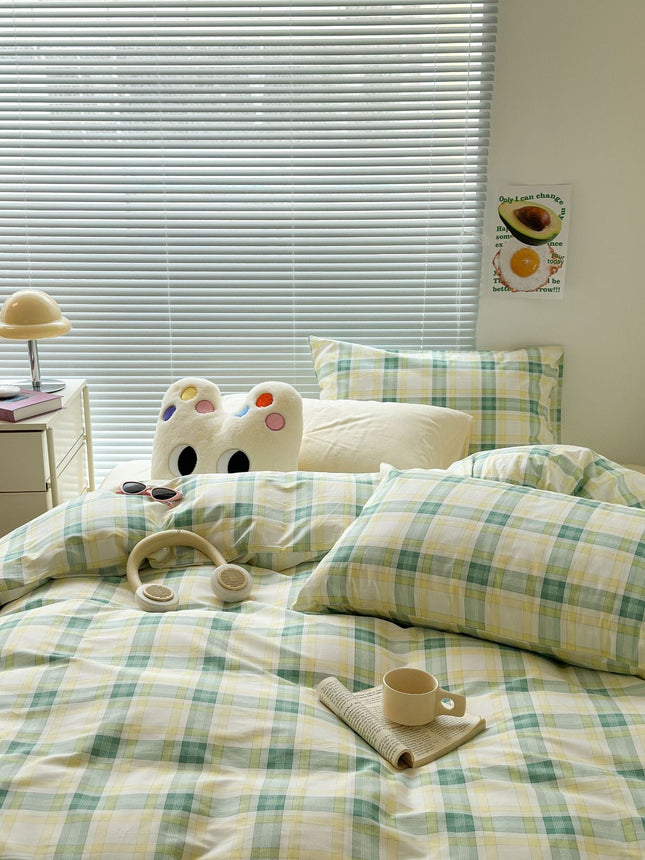 Cotton Bedding Set, Plaid Duvet Cover with Sheet and Pillowcases