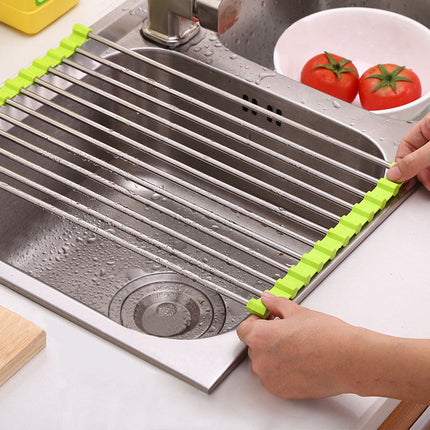 Stainless Steel Rolling Curtain Drain Rack with No-Drill Installation | Space-Saving Design for Easy Kitchen Organization