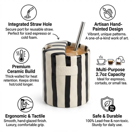 Coffee Mugs, Striped Ceramic Mug with Straw Hole