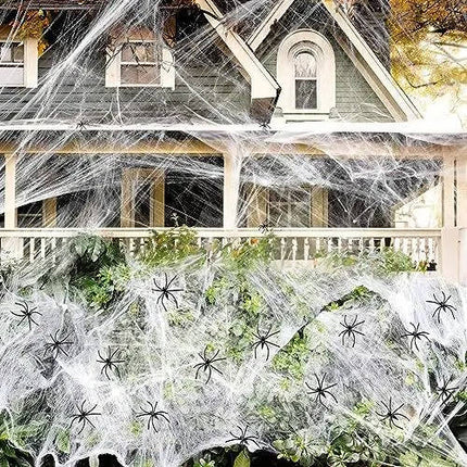 Spider Webs with Spiders 200 sq ft, Halloween Party Decor with Fake Spiders