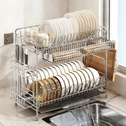 Dish Drying Rack, Stainless Steel Dish Rack with Draining Basket, 1 or 2 Tier Dish Drainer with Knife Holder