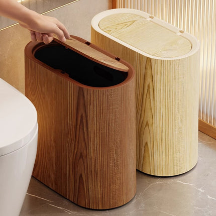 Slim Trash Can with Lid, Narrow Kitchen Trash Can for Tight Spaces, Plastic Bathroom Trash Can in Wood Look