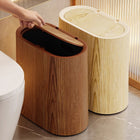 Slim Trash Can with Lid, Narrow Kitchen Trash Can for Tight Spaces, Plastic Bathroom Trash Can in Wood Look