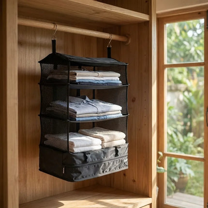 Hanging Closet Organizer for Travel, Portable Closet with 3 Hanging Shelves, Travel Laundry Bag and Suitcase Organizer