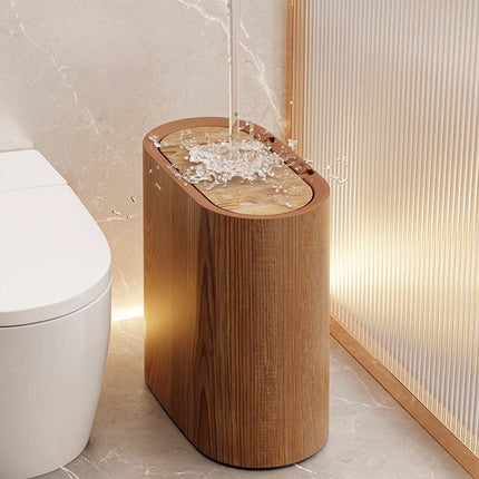 Slim Trash Can with Lid, Plastic Bathroom Trash Can in Wood Look