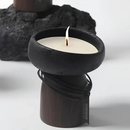 Cement and Wood Candle Holder with Textured Elegance | Versatile Decor for Wax Candles and Greenery
