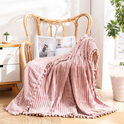 Flannel Throw Blanket with Pom Fringe, Striped Cozy Blanket for Bed and Sofa – image 11