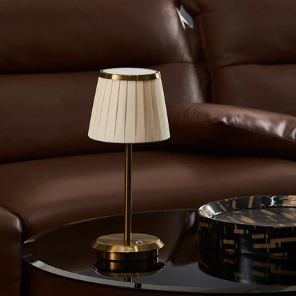 Dimmable Rechargeable Table Lamp with Pleated Fabric Shade | Elegant Cordless Lighting for Indoor and Outdoor Use