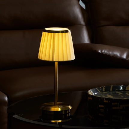 Dimmable Rechargeable Table Lamp with Pleated Fabric Shade | Elegant Cordless Lighting for Indoor and Outdoor Use