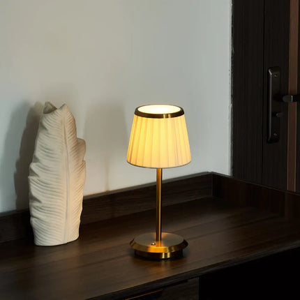 Dimmable Rechargeable Table Lamp with Pleated Fabric Shade | Elegant Cordless Lighting for Indoor and Outdoor Use