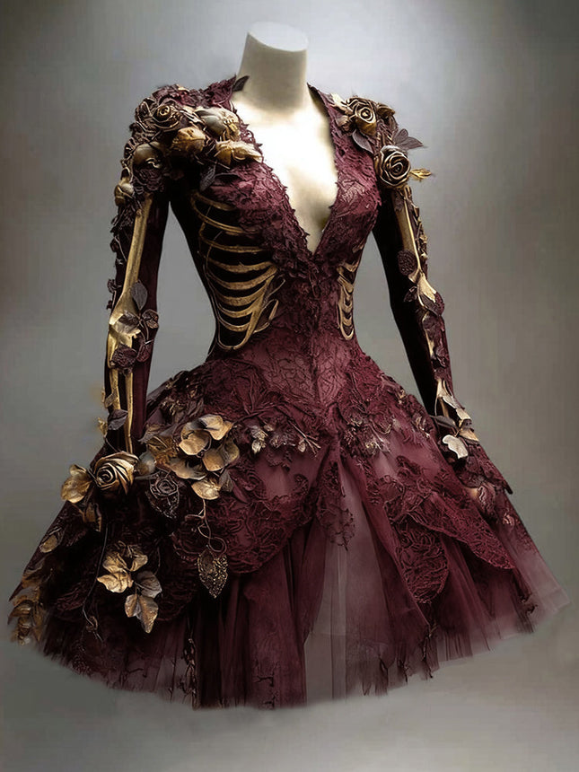 Corset Dress, Gothic Skeleton Long Sleeve Dress for Halloween