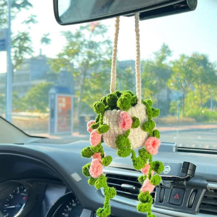 Handmade Knitted Flower Car Accessory for Rearview Mirror | Unique Wool Pendant for Personalized Interior Decor