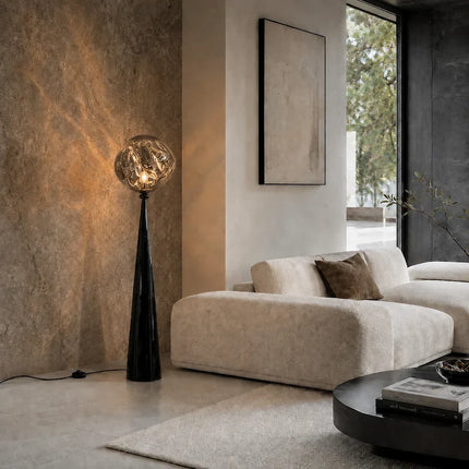 Sculptural Postmodern Floor Lamp with Reflective Smoked Acrylic Globe | Ambient Warm White Light for Modern Spaces
