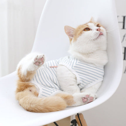 Lightweight Blue and White Striped Cat Weaning Outfit for Recovery | Soft and Breathable Fabric for Comfort
