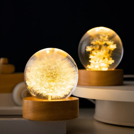 3D Dandelion Crystal Ball with Beech Wood Stand | Elegant Home Decor and Night Light for Serenity
