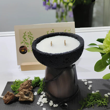 Cement and Wood Candle Holder with Textured Elegance | Versatile Decor for Wax Candles and Greenery