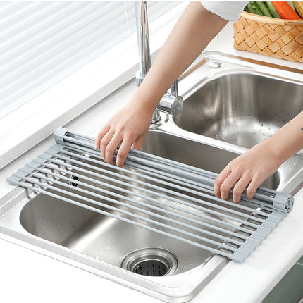 Stainless Steel Rolling Curtain Drain Rack with No-Drill Installation | Space-Saving Design for Easy Kitchen Organization