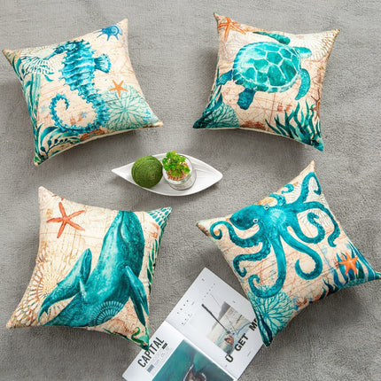 Marine Life Printed Cushion Cover with Invisible Zipper | Flax Material for Elegant Home Decor