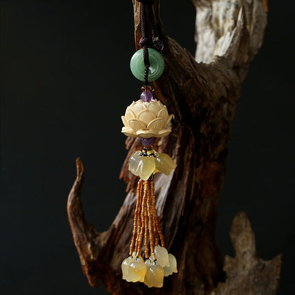 Natural Boxwood Lotus Car Hanging Ornament with Exquisite Craftsmanship | Elegant Interior Decor for Peace and Serenity