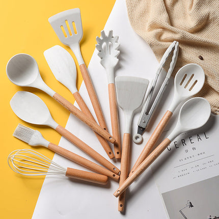 Silicone Kitchen Utensil Set with Wooden Handles | FDA-Approved Heat Resistant Tools for Safe Cooking and Baking