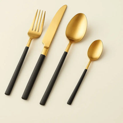 Gold Silverware Set, 4 Piece Stainless Steel Flatware Set with Matte Black Handles, Black and Gold Cutlery Set