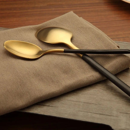 Gold Silverware Set, 4 Piece Stainless Steel Flatware Set with Matte Black Handles
