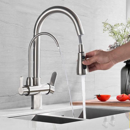 Kitchen Faucet with Sprayer and Water Filter, Brass Kitchen Sink Faucet with Pull Out Dual Spout, Filtered Water Tap