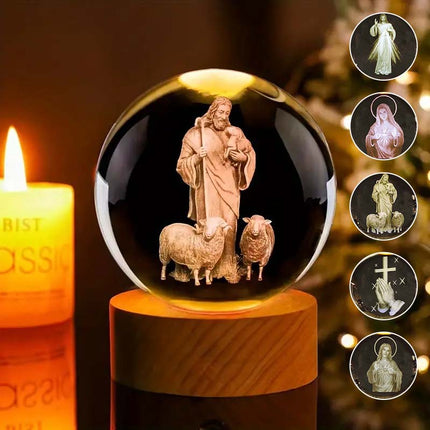 Jesus Glowing Crystal Ball with LED Wooden Base, Christian Gifts, Religious Gifts, Housewarming Gift