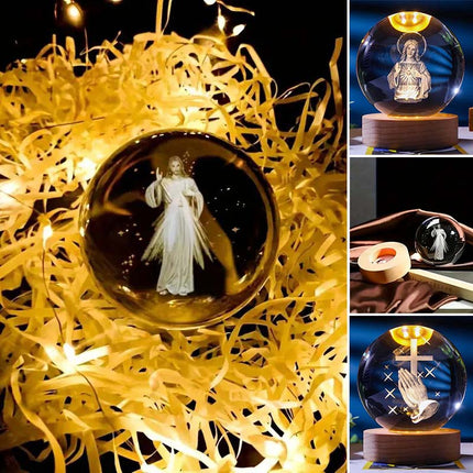 Jesus Glowing Crystal Ball with LED Wooden Base, Christian Gifts