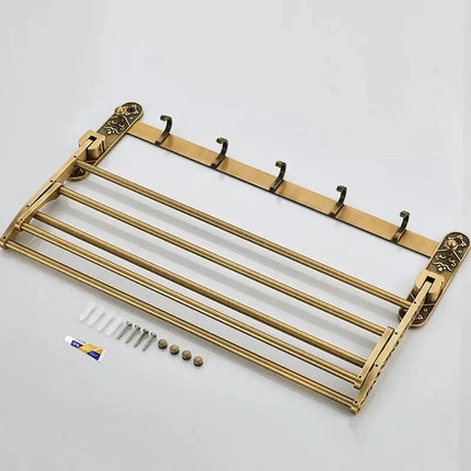 Towel Rack for Bathroom, Foldable Antique Brass Bathroom Shelf with Hooks – image 5