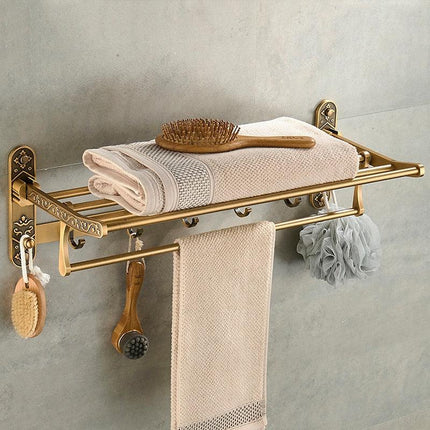 Wall Mounted Towel Holder, Foldable Bathroom Towel Rack with Hooks, Antique Brass Bathroom Shelf, Bathroom Accessories
