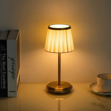 Dimmable Rechargeable Table Lamp with Pleated Fabric Shade | Elegant Cordless Lighting for Indoor and Outdoor Use