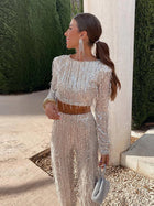 Sequin Two Piece Set, Sequin Outfits for Women, Fringe Top and High Waisted Sequin Pants for Party and Dinner