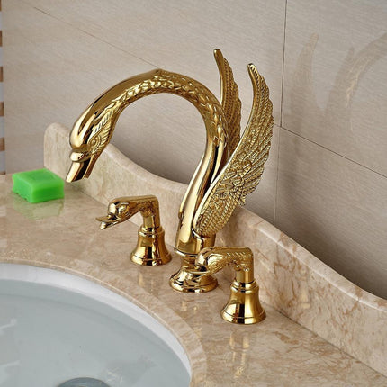 Gold Bathroom Faucet, Swan Bathroom Sink Faucet, Widespread Faucet with Two Handles and Solid Copper Body
