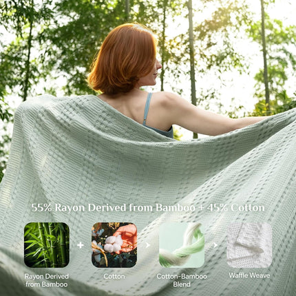 Cooling Waffle Blanket  – Lightweight Breathable Cotton Summer Blanket of Rayon Derived from Bamboo for Hot Sleepers, Soft Cozy Blankets with Ideal Weight for Bed, White, 90"x90"