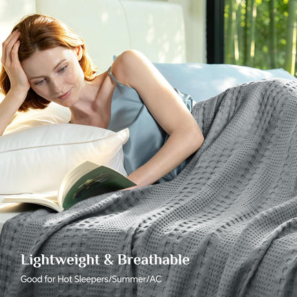 Cooling Waffle Blanket  – Lightweight Breathable Cotton Summer Blanket of Rayon Derived from Bamboo for Hot Sleepers, Soft Cozy Blankets with Ideal Weight for Bed, White, 90"x90"