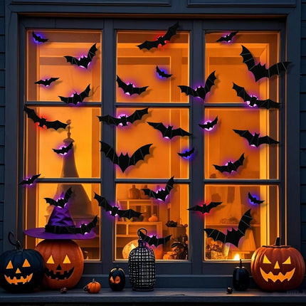 Halloween 3D Wall Decor 104 Pack, Halloween Bats Spiders and Ghost Decorations with LED Lights