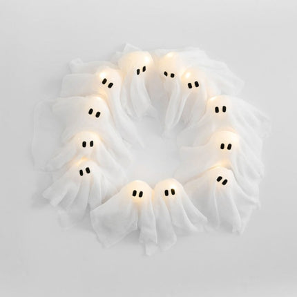 Halloween Wreath with Lights, Ghost Wreath with 12 Battery Operated LED Ghosts