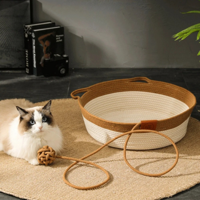 Cat Beds for Indoor Cats, Handwoven Cotton Rope Pet Bed with High Sides and Knotted Ball Toy_01