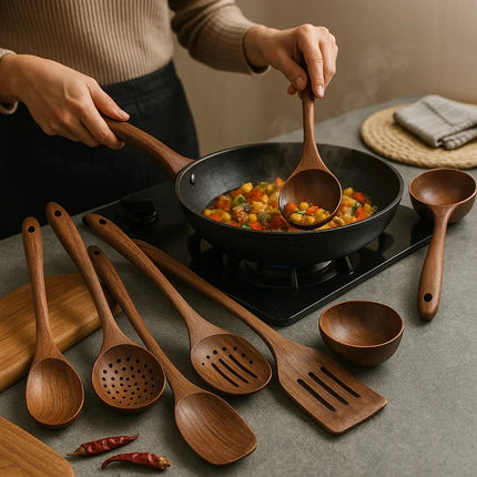 Teak Wood Kitchen Utensil Set, Wooden Spoons and Spatula for Cooking
